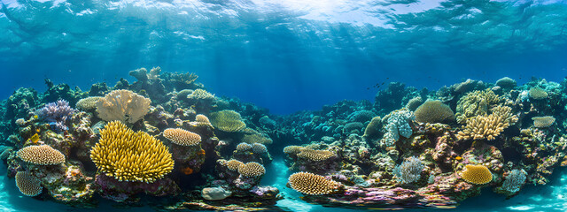 A panoramic view of the Great Barrier Reef, showing its rich and diverse coral formations
