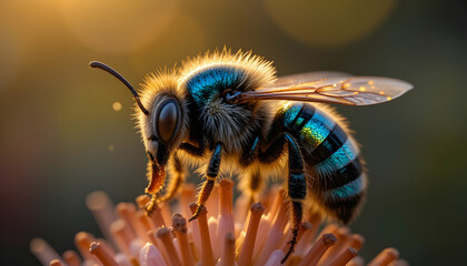 Close-up of Solitary Bee Gathering Pollen on Flower at Sunset
