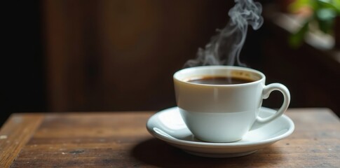 Obraz premium Steam rising from dark coffee in white mug on rustic wood table, cafe, aroma, dark