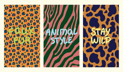 Trendy hand lettering on wildlife background. Modern abstract animal zebra, leopard and cow print texture design. Hand drawn vector illustration template for cards, ads and social media design.