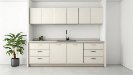 a modern kitchen interior with cabinets, sink and plant