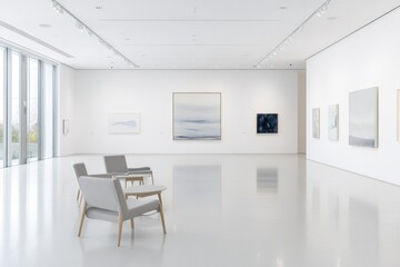 Fototapeta premium vast airy gallery with pristine white walls and elegantly spotlit displaying diverse artworks in various styles offers