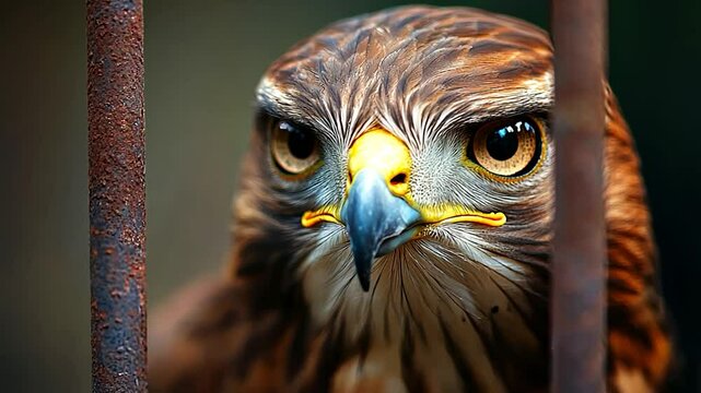 Close-up of a hawk behind bars