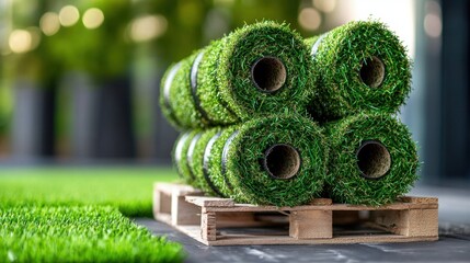 Stacked rolls of artificial grass turf sit on a wooden pallet, ready for landscaping installation.