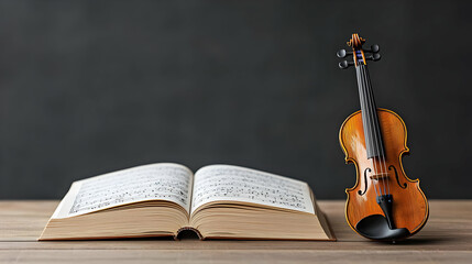 Fototapeta premium Open Book with Musical Notes and a Small Violin on a Wooden Surface