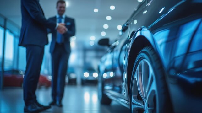 Business professionals shaking hands at a car dealership with a luxury vehicle in focus