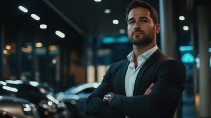 Confident professional at a modern car dealership during evening hours