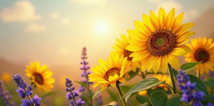Fototapeta Sun-drenched sunflowers, lavender accents, soft texture, print, texture
