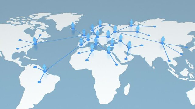 Global Social Network Growing on the Earth Map Zoom Out 3d Animation. Population Increase Illustration. People Cooperations, Connections, Communications. Lines and Dots, Men Links Business Concept 4k.