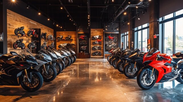 Showroom featuring various motorcycle models in a modern dealership setting with sleek designs