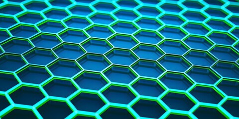 Futuristic glowing green hexagonal network pattern against deep blue digital background, representing technology connectivity and data structures in a modern cybersecurity aesthetic.
