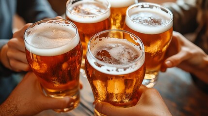A vibrant gathering takes place as friends raise their cold beer glasses, celebrating camaraderie and good times. The warmth of friendship shines through on the rustic wooden table