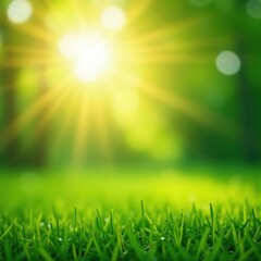 Obraz premium Sunlit green grass bokeh background Soft focus, summer vibe , aesthetic, sun, lawn