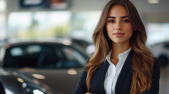Professional sales representative at a modern car dealership showcasing advanced AI features