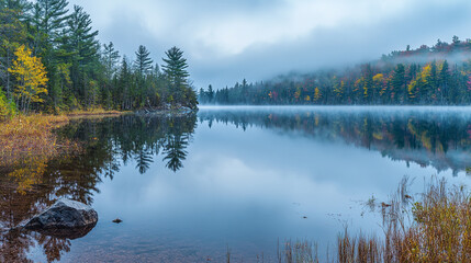 Fototapeta premium Serene autumn lake landscape with misty reflections of colorful trees red calm fall blue view water