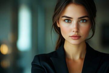 Fototapeta premium Generative AI portrait of an elegant businesswoman in a stylish suit with a confident expression in a modern office