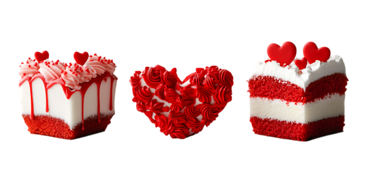 Set of Realistic Red Valentine Day Heart Cakes in Different Styles PNG Against Transparent Background for Romantic Branding, Dessert Advertising, or Love-Themed Designs