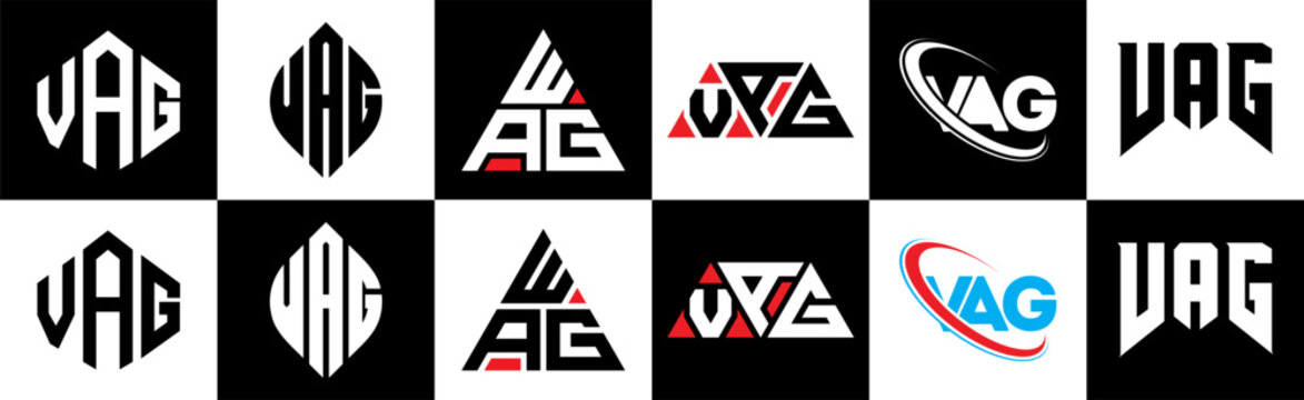 VAG letter logo design in six style. VAG polygon, circle, triangle, hexagon, flat and simple style with black and white color variation letter logo set in one artboard. VAG minimalist and classic logo
