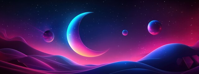 Fototapeta premium A Vibrant Cosmic Landscape Featuring Celestial Bodies and a Majestic Crescent Moon