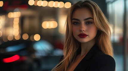 Woman with elegant style poses confidently at modern car dealership showcasing luxury vehicles