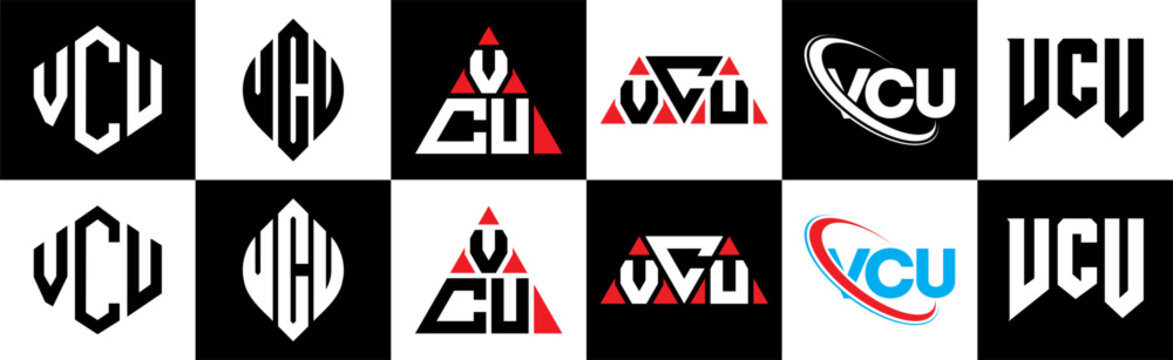 VCU letter logo design in six style. VCU polygon, circle, triangle, hexagon, flat and simple style with black and white color variation letter logo set in one artboard. VCU minimalist and classic logo