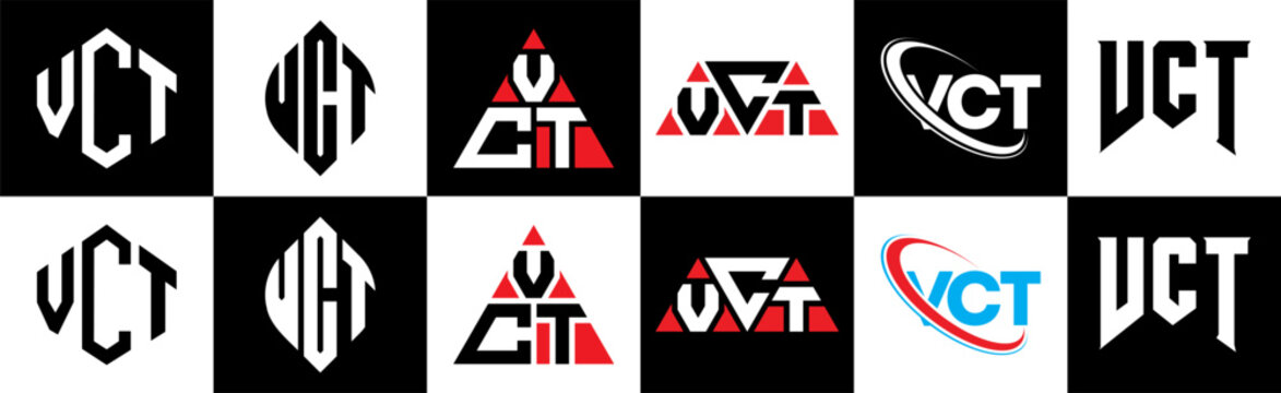 VCT letter logo design in six style. VCT polygon, circle, triangle, hexagon, flat and simple style with black and white color variation letter logo set in one artboard. VCT minimalist and classic logo