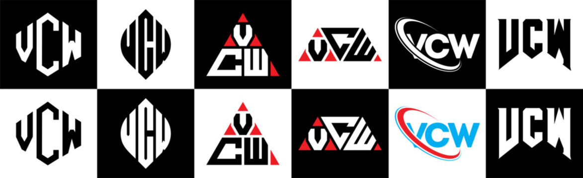 VCW letter logo design in six style. VCW polygon, circle, triangle, hexagon, flat and simple style with black and white color variation letter logo set in one artboard. VCW minimalist and classic logo