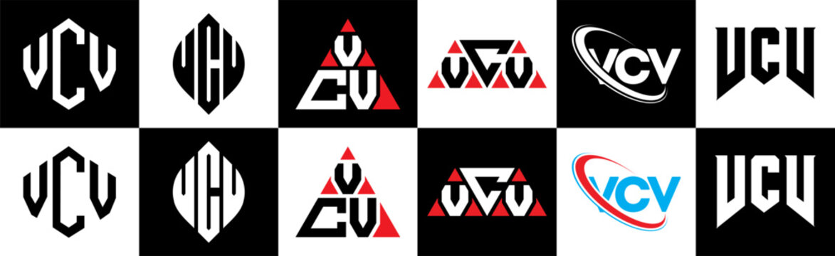 VCV letter logo design in six style. VCV polygon, circle, triangle, hexagon, flat and simple style with black and white color variation letter logo set in one artboard. VCV minimalist and classic logo