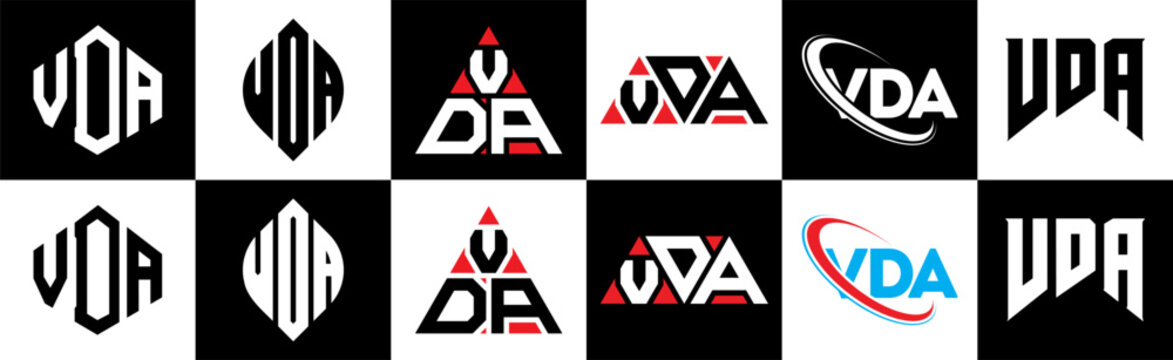 VDA letter logo design in six style. VDA polygon, circle, triangle, hexagon, flat and simple style with black and white color variation letter logo set in one artboard. VDA minimalist and classic logo