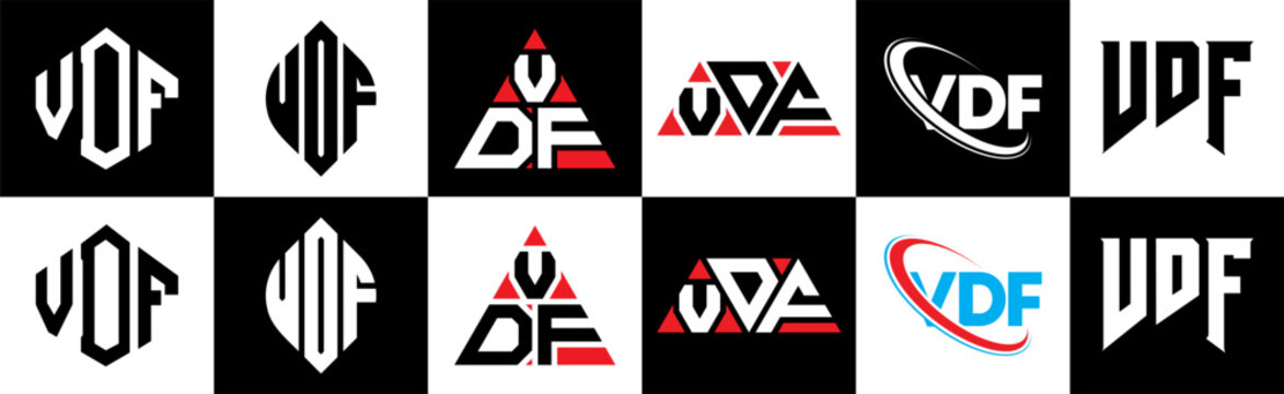 VDF letter logo design in six style. VDF polygon, circle, triangle, hexagon, flat and simple style with black and white color variation letter logo set in one artboard. VDF minimalist and classic logo