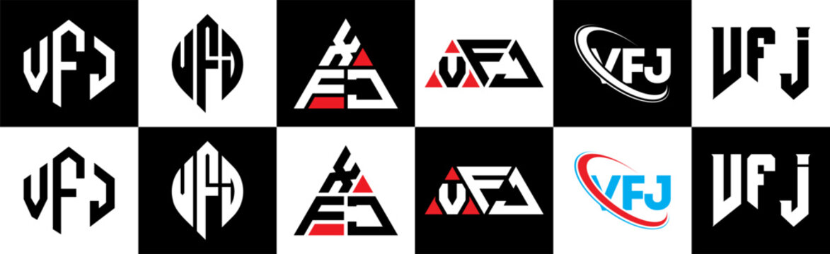 VFJ letter logo design in six style. VFJ polygon, circle, triangle, hexagon, flat and simple style with black and white color variation letter logo set in one artboard. VFJ minimalist and classic logo