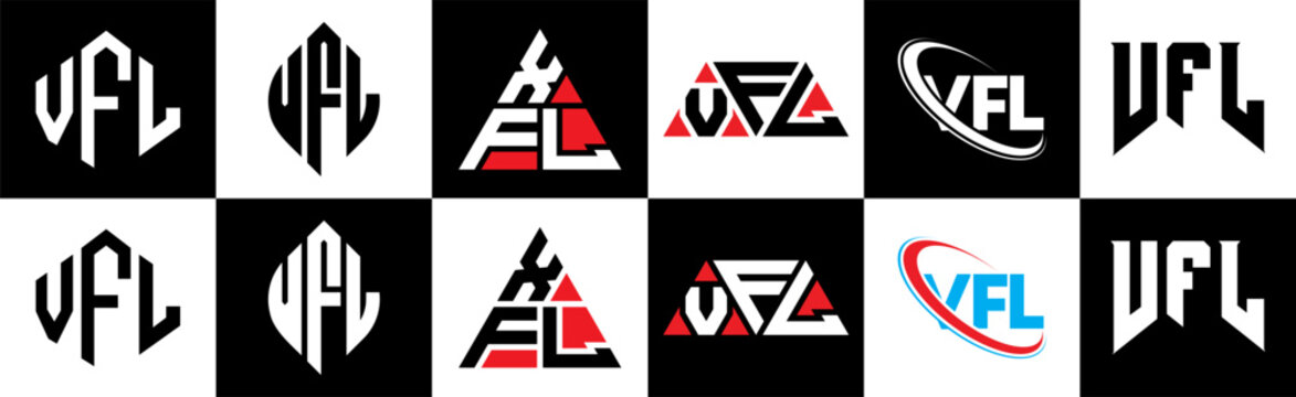 VFL letter logo design in six style. VFL polygon, circle, triangle, hexagon, flat and simple style with black and white color variation letter logo set in one artboard. VFL minimalist and classic logo