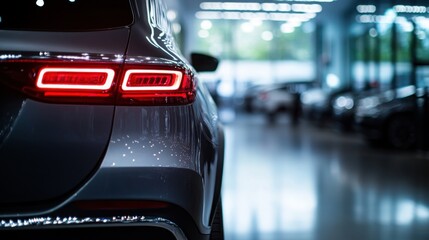 Car dealership showcasing modern vehicle with advanced lighting in spacious interior