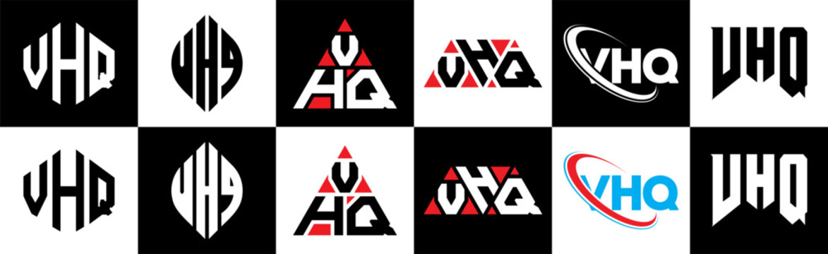 VHQ letter logo design in six style. VHQ polygon, circle, triangle, hexagon, flat and simple style with black and white color variation letter logo set in one artboard. VHQ minimalist and classic logo