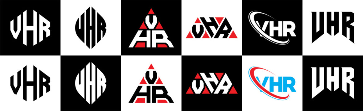 VHR letter logo design in six style. VHR polygon, circle, triangle, hexagon, flat and simple style with black and white color variation letter logo set in one artboard. VHR minimalist and classic logo