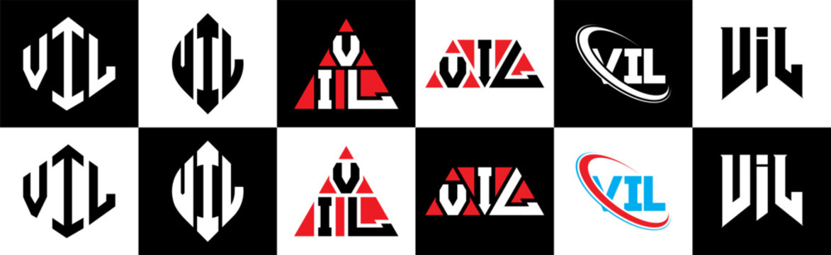 VIL letter logo design in six style. VIL polygon, circle, triangle, hexagon, flat and simple style with black and white color variation letter logo set in one artboard. VIL minimalist and classic logo