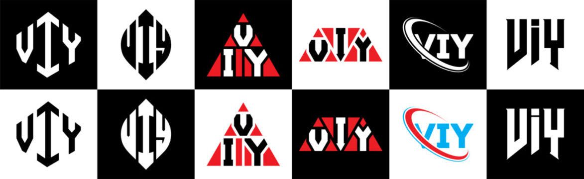 VIY letter logo design in six style. VIY polygon, circle, triangle, hexagon, flat and simple style with black and white color variation letter logo set in one artboard. VIY minimalist and classic logo
