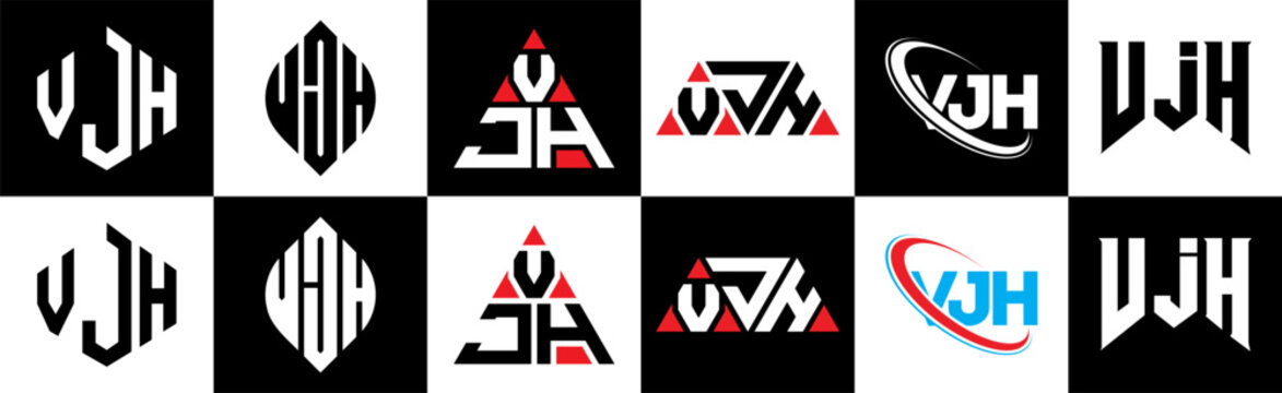VJH letter logo design in six style. VJH polygon, circle, triangle, hexagon, flat and simple style with black and white color variation letter logo set in one artboard. VJH minimalist and classic logo