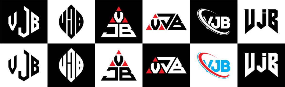 VJB letter logo design in six style. VJB polygon, circle, triangle, hexagon, flat and simple style with black and white color variation letter logo set in one artboard. VJB minimalist and classic logo