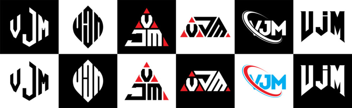 VJM letter logo design in six style. VJM polygon, circle, triangle, hexagon, flat and simple style with black and white color variation letter logo set in one artboard. VJM minimalist and classic logo