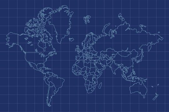 World Map Blue Outline Grid Style Vector Illustration