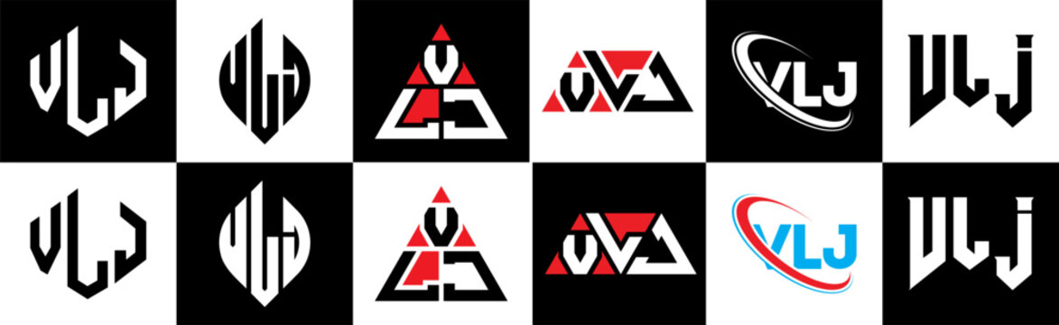 VLJ letter logo design in six style. VLJ polygon, circle, triangle, hexagon, flat and simple style with black and white color variation letter logo set in one artboard. VLJ minimalist and classic logo