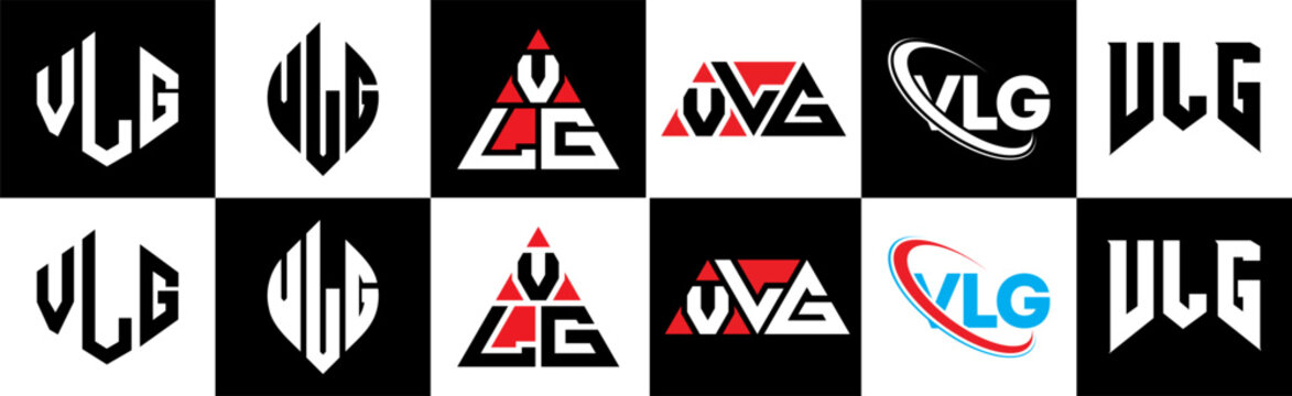 VLG letter logo design in six style. VLG polygon, circle, triangle, hexagon, flat and simple style with black and white color variation letter logo set in one artboard. VLG minimalist and classic logo