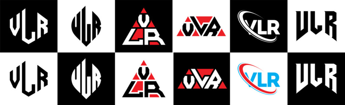 VLR letter logo design in six style. VLR polygon, circle, triangle, hexagon, flat and simple style with black and white color variation letter logo set in one artboard. VLR minimalist and classic logo