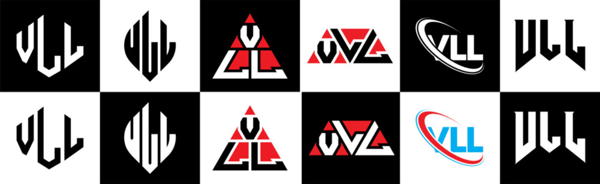 VLL letter logo design in six style. VLL polygon, circle, triangle, hexagon, flat and simple style with black and white color variation letter logo set in one artboard. VLL minimalist and classic logo