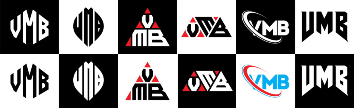 VMB letter logo design in six style. VMB polygon, circle, triangle, hexagon, flat and simple style with black and white color variation letter logo set in one artboard. VMB minimalist and classic logo