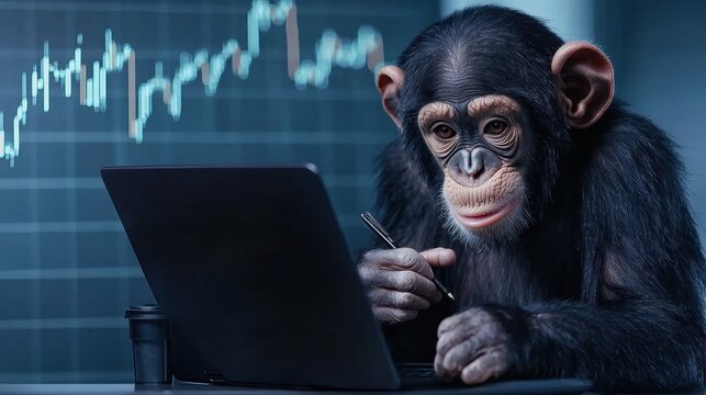 Tech-savvy chimpanzee analyzing stock charts on a laptop, looking professional.