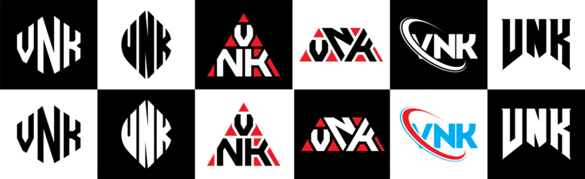 VNK letter logo design in six style. VNK polygon, circle, triangle, hexagon, flat and simple style with black and white color variation letter logo set in one artboard. VNK minimalist and classic logo