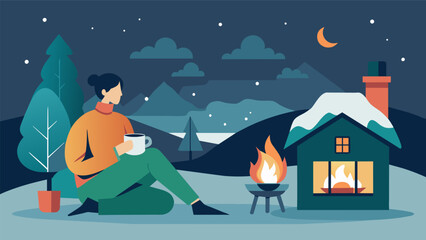 Fototapeta premium In a cozy cabin a person sits by the fireplace with a steaming cup of tea and a journal. The sound of the crackling fire and the snow falling outside. Vector illustration