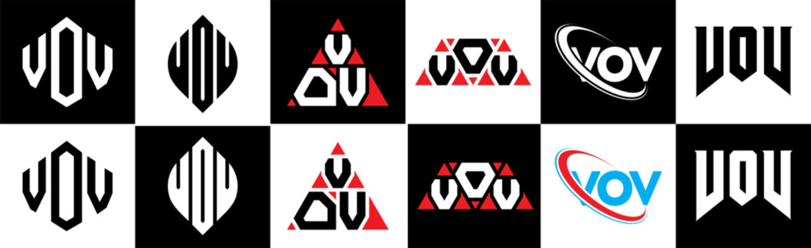 VOV letter logo design in six style. VOV polygon, circle, triangle, hexagon, flat and simple style with black and white color variation letter logo set in one artboard. VOV minimalist and classic logo